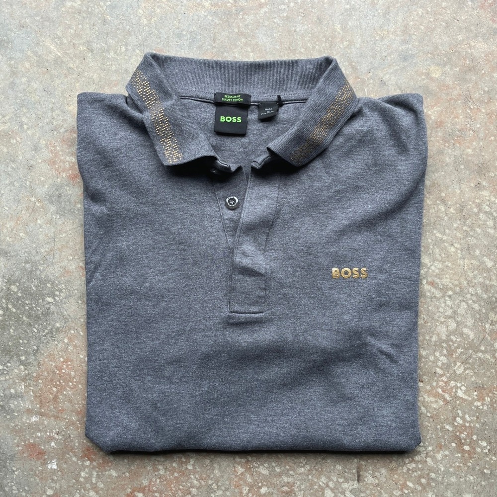 Hugo Boss Mens XL Polo Shirt Grey Gold Studded Collar Luxury Cotton Regular Fit
